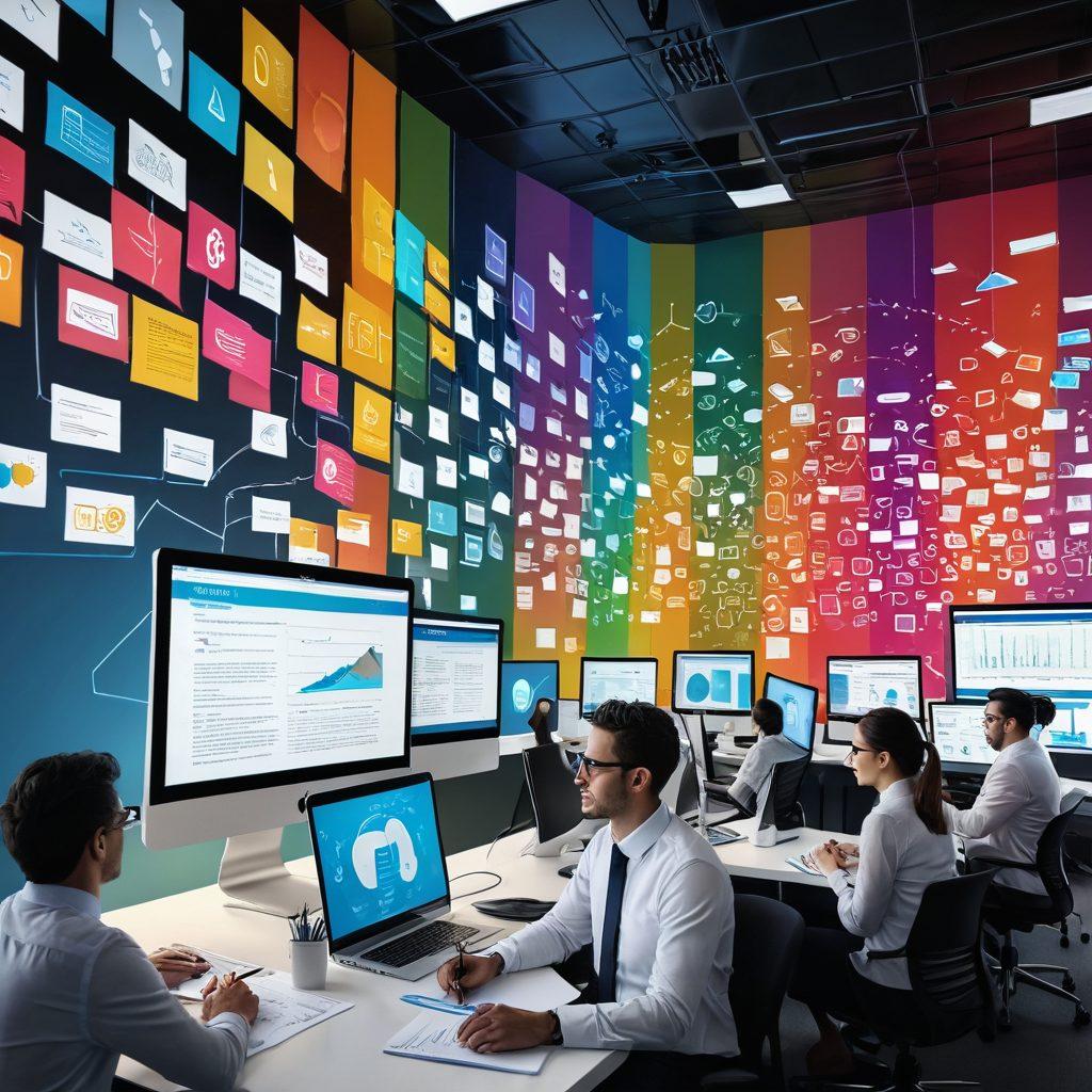 A dynamic digital workspace showcasing diverse professionals collaborating over large documents on multiple screens. Include visual elements like cloud icons, transfer bars, and colorful document stacks, symbolizing seamless sharing and efficient teamwork. Incorporate elements representing different file formats to emphasize the versatility of solutions. The atmosphere should evoke innovation and productivity. vibrant colors. super-realistic.
