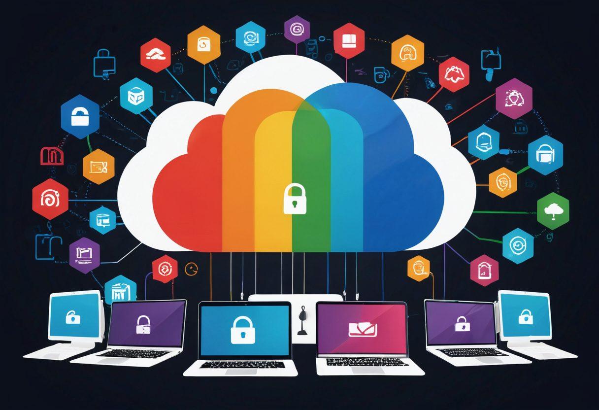 An illustration of a digital cloud surrounded by various secure file icons, including locks and shields, representing safety in cloud storage. The background reveals various devices like smartphones and laptops seamlessly sharing files through the cloud. Bright and engaging colors with a futuristic touch highlight the concept of efficient file management. A step-by-step flow diagram visually represents 'Mastering Secure File Sharing'. vector art. vibrant colors. white background.