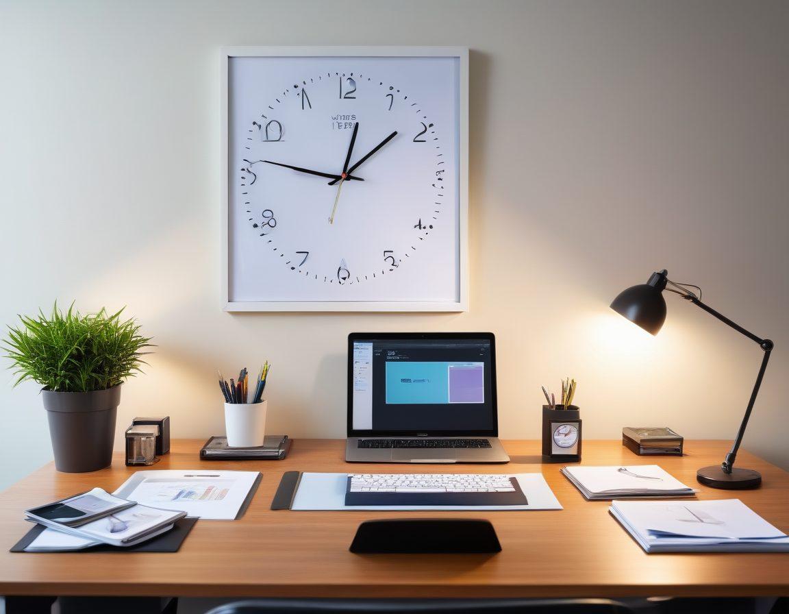 A sleek office workspace featuring a modern computer screen displaying file transfer management software, surrounded by organized folders and documents. Include a clock showing efficient time management and a digital tablet illustrating seamless file transfers. The atmosphere should be clean and professional, symbolizing productivity and efficiency. vibrant colors. super-realistic.